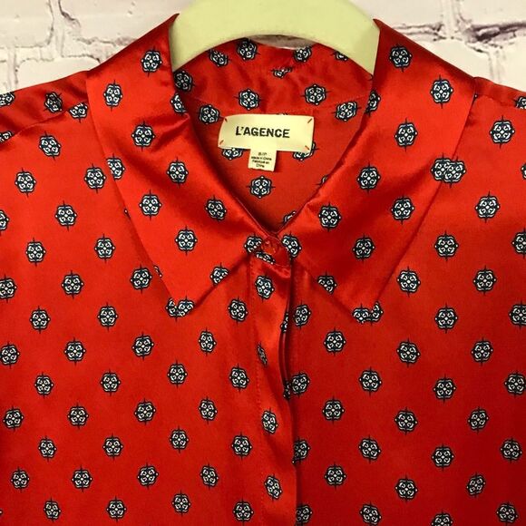 L'AGENCE Royal Red Maestro Jil Silk Charmeuse Button Blouse 3/4 Sleeve Size SP - Picture 3 of 13